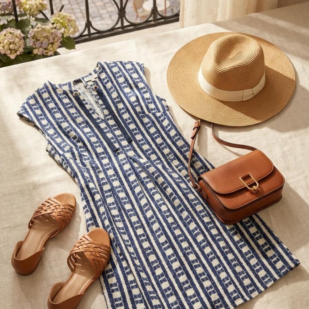 Blue & White Striped Sleeveless Cotton Dress